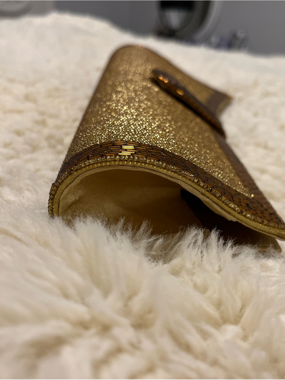 IMAN Gold Glitter Beaded Flap Clutch
